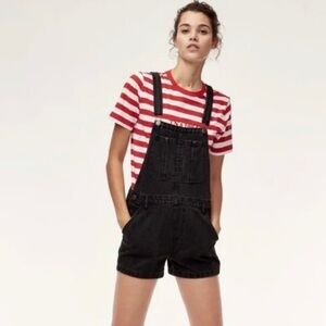 TNA Aritzia Black Denim Shortalls Size XS Adjustable Straps Pockets Summer